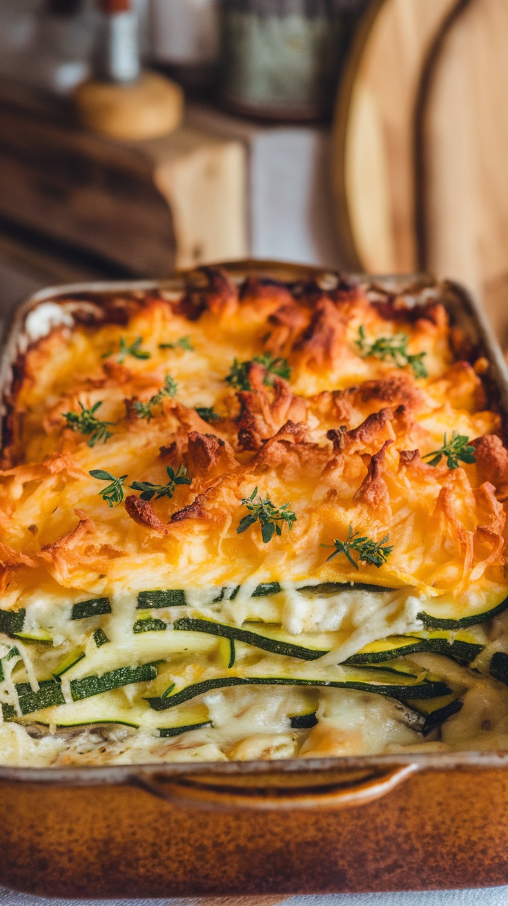 A cheesy zucchini casserole with a golden crust, filled with slices of zucchini and cheese, in a rustic baking dish.